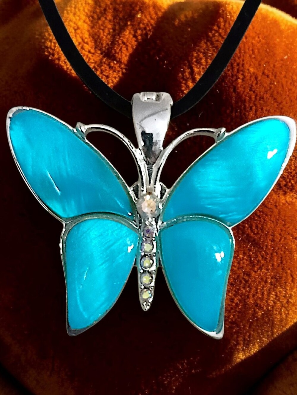 RMN Butterfly Enameled Pendant Necklace Aurora Borealis Rhinestones Large Aqua